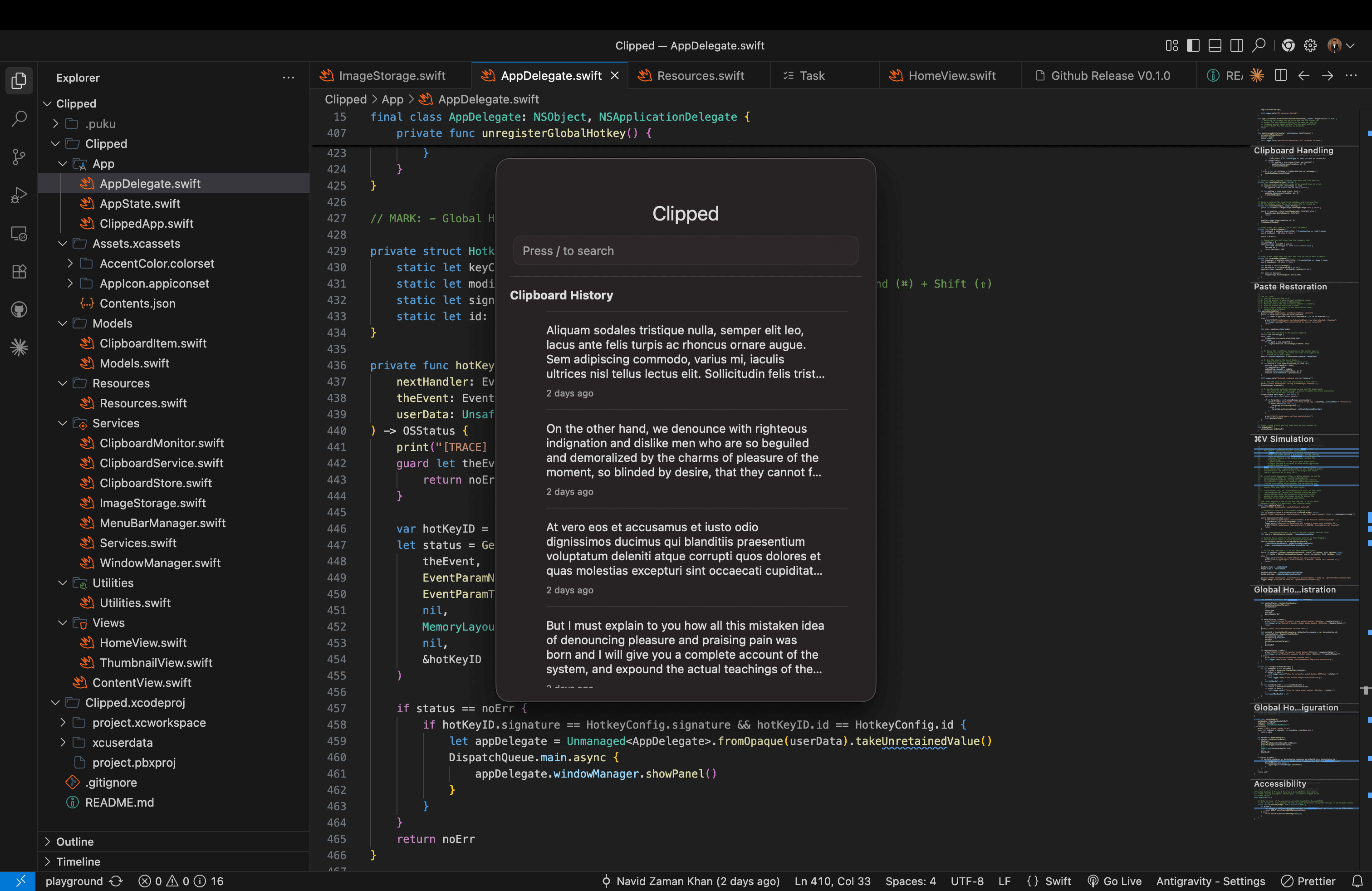 Clipped clipboard manager interface for macOS