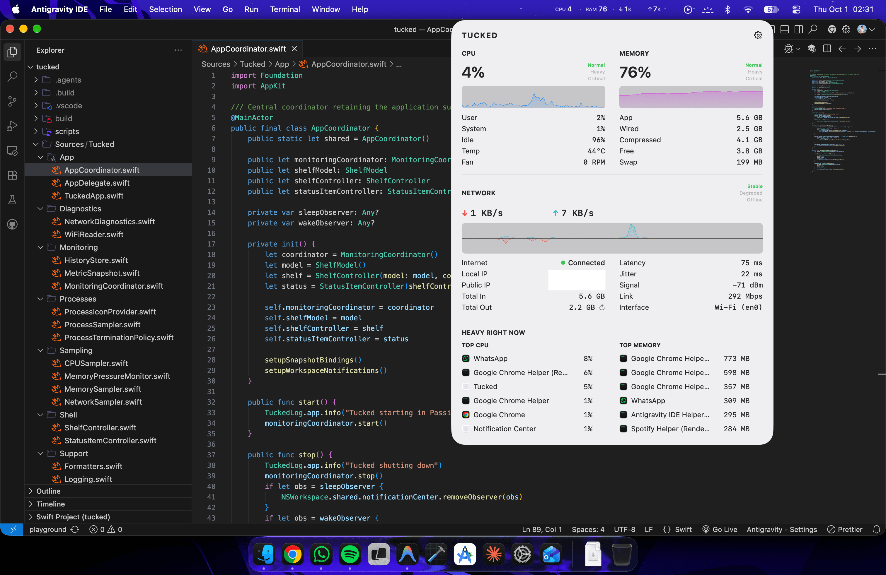 Tucked native macOS system monitor showing CPU, memory, network, and process telemetry