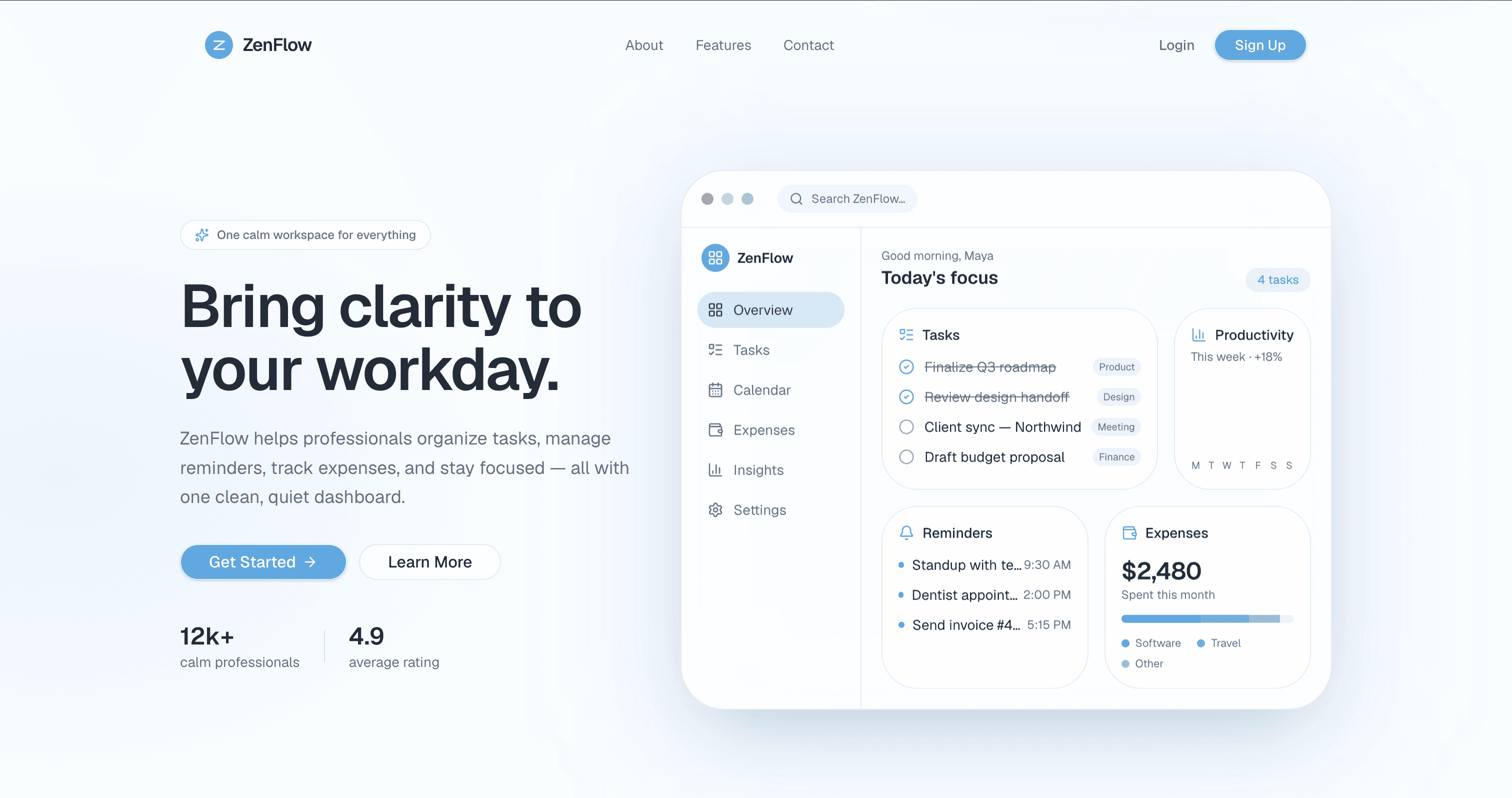 ZenFlow productivity dashboard
